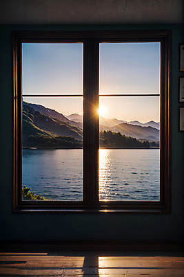 JPG 편집이미지 호수 창문 자연 하늘 산 실내 풍경 사람없음 햇빛 디지털합성 편집소스 편집실사 AI포토 AI콘텐츠 내부 태양 CG 생태계 파일형식