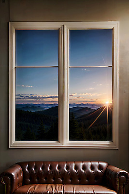 JPG 편집이미지 창문 자연 하늘 산 실내 풍경 사람없음 소파 햇빛 일몰 디지털합성 편집소스 편집실사 AI포토 AI콘텐츠 의자 내부 태양 노을 CG 생태계 파일형식