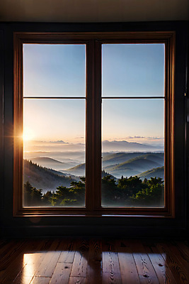 JPG 편집이미지 창문 자연 하늘 산 실내 풍경 사람없음 햇빛 디지털합성 편집소스 편집실사 AI포토 AI콘텐츠 내부 태양 CG 생태계 파일형식