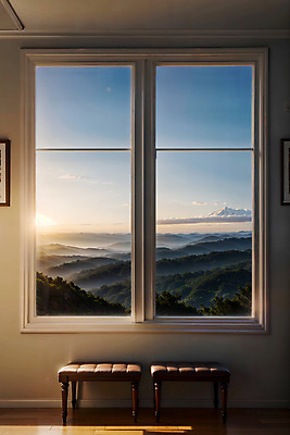 JPG 편집이미지 의자 창문 자연 하늘 산 실내 풍경 사람없음 햇빛 디지털합성 편집소스 편집실사 AI포토 AI콘텐츠 가구 내부 태양 CG 생태계 파일형식