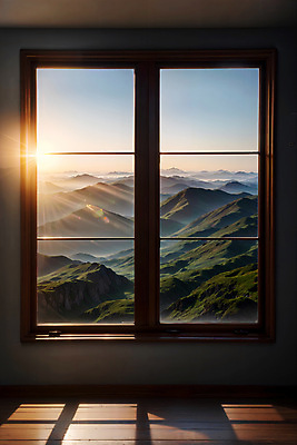 JPG 편집이미지 창문 자연 하늘 산 실내 풍경 사람없음 햇빛 디지털합성 편집소스 편집실사 AI포토 AI콘텐츠 내부 태양 CG 생태계 파일형식