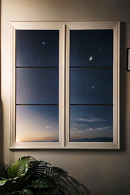 JPG 편집이미지 잎 창문 자연 밤하늘 하늘 실내 풍경 사람없음 초승달 디지털합성 편집소스 편집실사 AI포토 AI콘텐츠 식물 내부 달 야간 CG 생태계 파일형식