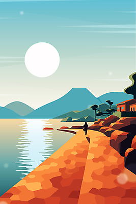 바다 일러스트 자연 하늘 산 한명 사람 풍경 태양 제주도 국내일러스트 AI파일 자연요소 1 한국 생태계 파일형식 벡터