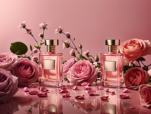 JPG 편집이미지 꽃잎 꽃 분홍색 유리병 사람없음 뷰티 고급 향수 오브젝트 꽃봉오리 향수병 편집실사 AI포토 AI콘텐츠 식물 컬러 컨셉 병_용기 화장품 CG 병_담는 파일형식