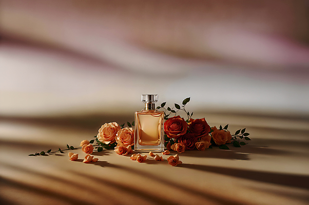 JPG 편집이미지 꽃 유리병 그림자 사람없음 뷰티 장미 고급 향수 오브젝트 향수병 편집실사 AI포토 AI콘텐츠 식물 컨셉 병_용기 화장품 CG 병_담는 파일형식