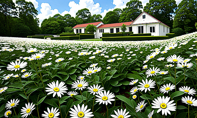 JPG 구름 편집이미지 꽃 꽃밭 자연 하늘 주택 풍경 초원 사람없음 야외 데이지 편집실사 AI포토 AI콘텐츠 자연요소 식물 건물 CG 생태계 파일형식