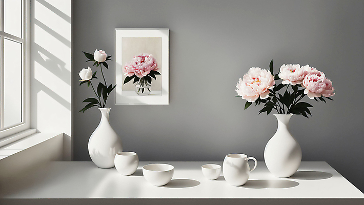 JPG 편집이미지 라이프스타일 꽃 액자 창문 탁자 사람없음 컵 빛 인테리어 꽃병 흰색 디지털합성 미니멀 편집실사 AI포토 AI콘텐츠 식물 식기 디자인 컬러 가구 생활 CG 파일형식