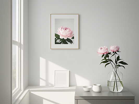 JPG 편집이미지 라이프스타일 꽃 가구 액자 그림자 사람없음 장식 빛 인테리어 꽃병 흰색 창가 디지털합성 미니멀 편집실사 AI포토 AI콘텐츠 식물 디자인 컬러 생활용품 창문 생활 CG 파일형식