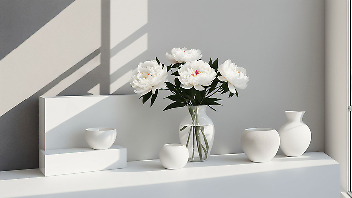 JPG 편집이미지 라이프스타일 꽃 사람없음 장식 인테리어 꽃병 흰색 도자기 디지털합성 미니멀 편집실사 AI포토 AI콘텐츠 식물 디자인 컬러 생활 CG 파일형식