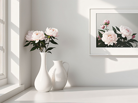 JPG 편집이미지 라이프스타일 꽃 액자 창문 사람없음 빛 인테리어 꽃병 흰색 창가 디지털합성 미니멀 편집실사 AI포토 AI콘텐츠 식물 디자인 컬러 생활 CG 파일형식