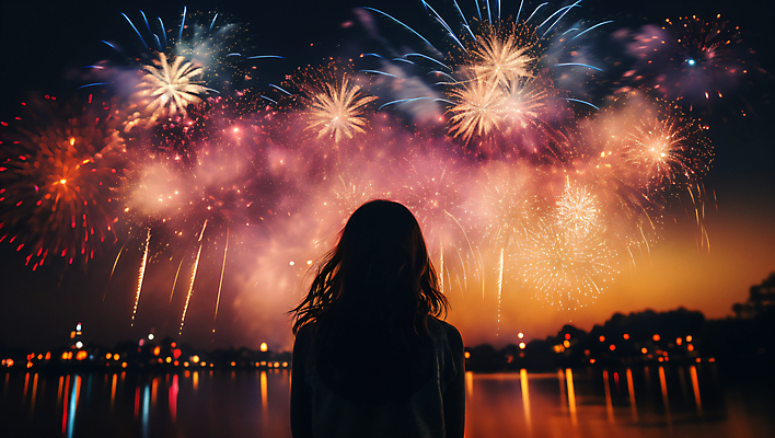 JPG 편집이미지 응시 여자 야경 불꽃 폭죽 불꽃놀이 한명 상반신 성인 뒷모습 디지털합성 성인여자한명만 편집실사 AI인물포토 AI콘텐츠 1 시선 뷰포인트 놀이 불 사람 야간 CG 여자한명만 성인여자만 파일형식 풍경_경치 AI포토