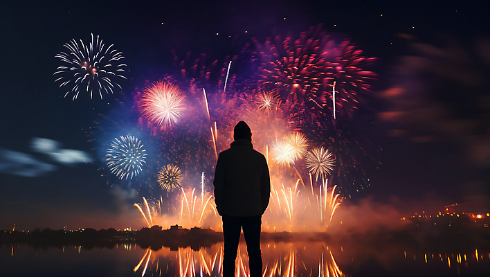 JPG 편집이미지 응시 남자 야경 불꽃 폭죽 불꽃놀이 한명 서기 상반신 성인 뒷모습 디지털합성 성인남자한명만 편집실사 AI인물포토 AI콘텐츠 1 시선 뷰포인트 모션 놀이 불 사람 야간 CG 남자한명만 성인남자만 파일형식 풍경_경치 AI포토