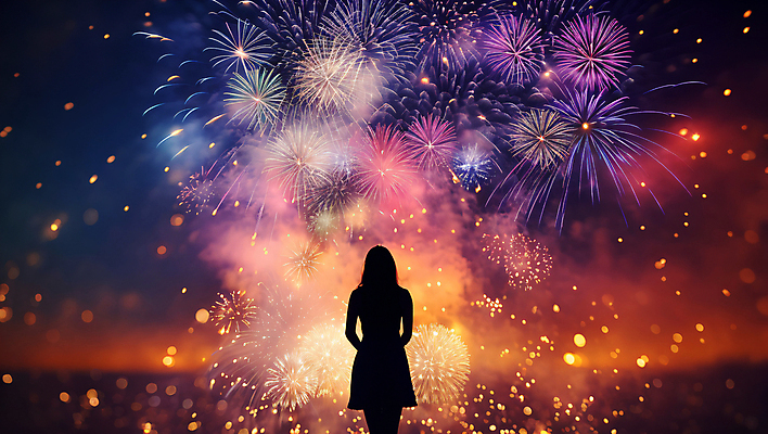 JPG 편집이미지 응시 여자 야경 불꽃 폭죽 불꽃놀이 한명 상반신 성인 뒷모습 디지털합성 보케 성인여자한명만 편집실사 AI인물포토 AI콘텐츠 1 시선 뷰포인트 놀이 불 사람 야간 CG 여자한명만 성인여자만 파일형식 풍경_경치 AI포토