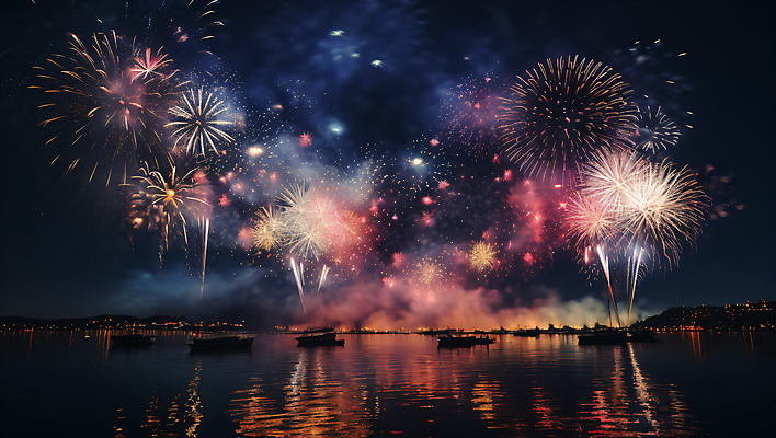 JPG 편집이미지 야경 불꽃 폭죽 불꽃놀이 사람없음 반사 수면 디지털합성 선박 편집실사 AI포토 AI콘텐츠 수상교통 놀이 불 물 야간 CG 파일형식 풍경_경치