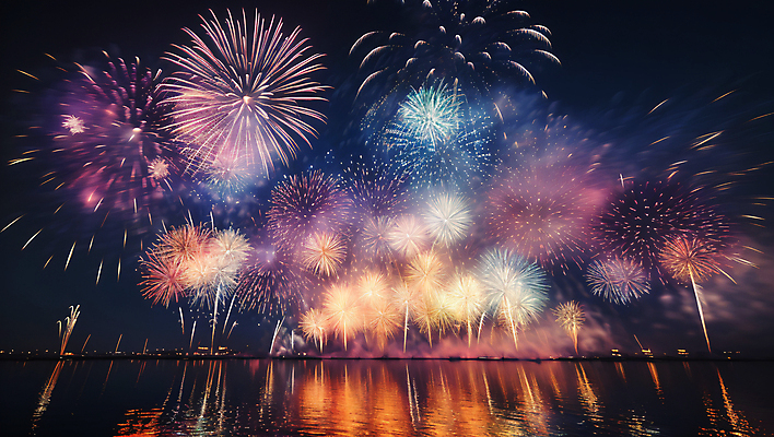 JPG 편집이미지 야경 불꽃 폭죽 불꽃놀이 사람없음 반사 수면 디지털합성 편집실사 AI포토 AI콘텐츠 놀이 불 물 야간 CG 파일형식 풍경_경치