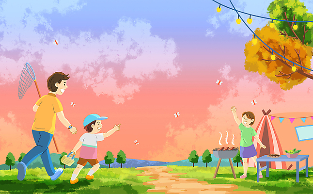 전신 PSD 나무 구름 여자 남자 길 어린이 일러스트 가족 탁자 하늘 텐트 서기 들기 소년 성인 야외 세명 달리기 걷기 일몰 캠핑 가리킴 잠자리 바비큐 캠핑장 채집망 바베큐그릴 손흔들기 알전구 채집통 국내일러스트 자연요소 식물 음식 가구 곤충 전구 관계 모션 레저 통 캠핑도구 사람 손짓 노을 그릴 파일형식