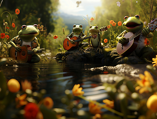 JPG 편집이미지 꽃 동물캐릭터 연주 여러마리 개구리 양서류 풍경 사람없음 기타 풀 개울 디지털합성 편집실사 AI컴퓨터그래픽 AI콘텐츠 식물 동물 캐릭터 음악 다수 현악기 강 CG 파일형식