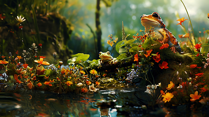 JPG 편집이미지 꽃 동물캐릭터 두마리 개구리 양서류 풍경 사람없음 풀 개울 디지털합성 편집실사 AI컴퓨터그래픽 AI콘텐츠 식물 동물 캐릭터 2 강 CG 파일형식