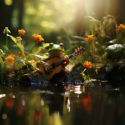 JPG 편집이미지 한마리 꽃 동물캐릭터 연주 개구리 양서류 풍경 사람없음 기타 풀 개울 디지털합성 편집실사 AI컴퓨터그래픽 AI콘텐츠 식물 동물 캐릭터 1 음악 현악기 강 CG 파일형식