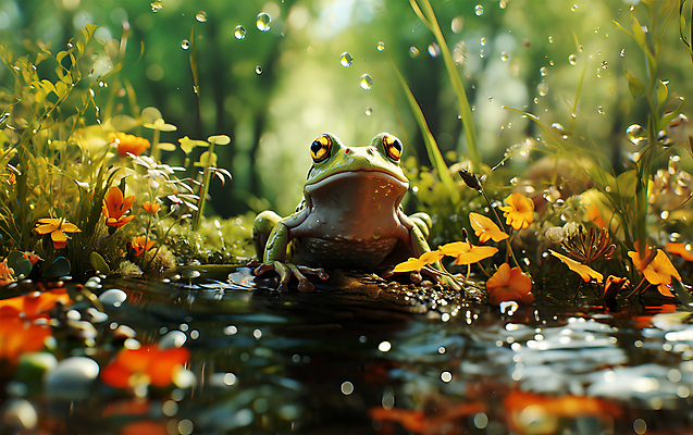 JPG 편집이미지 한마리 꽃 동물캐릭터 개구리 양서류 풍경 사람없음 물방울 풀 개울 디지털합성 튀는물 편집실사 AI컴퓨터그래픽 AI콘텐츠 식물 동물 캐릭터 1 강 CG 액체표현 스플래쉬 파일형식