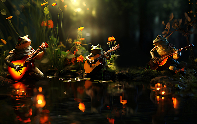 JPG 편집이미지 꽃 동물캐릭터 연주 세마리 개구리 양서류 풍경 사람없음 빛 어둠 기타 풀 개울 디지털합성 편집실사 AI컴퓨터그래픽 AI콘텐츠 식물 동물 캐릭터 음악 현악기 3 강 CG 파일형식