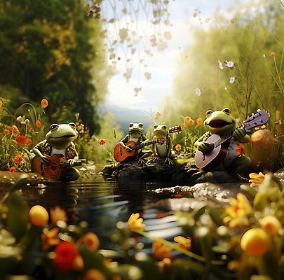 JPG 편집이미지 꽃 동물캐릭터 연주 여러마리 개구리 양서류 풍경 사람없음 돌_바위 기타 풀 개울 디지털합성 편집실사 AI컴퓨터그래픽 AI콘텐츠 식물 동물 캐릭터 음악 다수 현악기 강 CG 파일형식