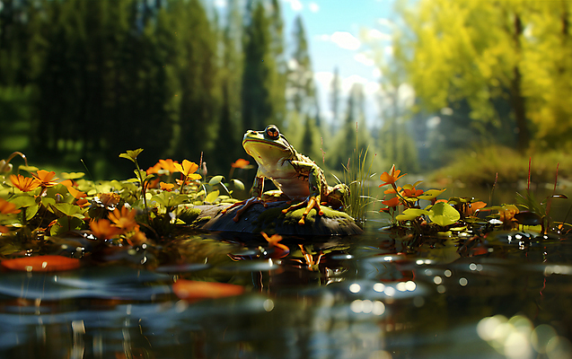 JPG 편집이미지 한마리 꽃 동물캐릭터 개구리 양서류 풍경 사람없음 돌_바위 풀 개울 디지털합성 편집실사 AI컴퓨터그래픽 AI콘텐츠 식물 동물 캐릭터 1 강 CG 파일형식