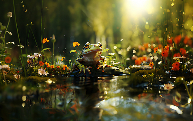 JPG 편집이미지 한마리 꽃 동물캐릭터 개구리 양서류 풍경 사람없음 돌_바위 풀 개울 디지털합성 편집실사 AI컴퓨터그래픽 AI콘텐츠 식물 동물 캐릭터 1 강 CG 파일형식