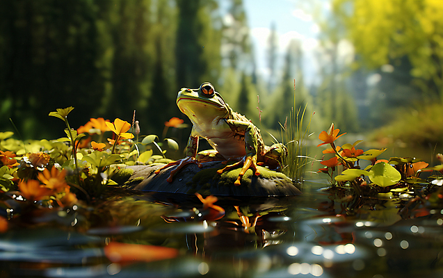 JPG 편집이미지 한마리 꽃 동물캐릭터 개구리 양서류 풍경 사람없음 돌_바위 풀 개울 디지털합성 편집실사 AI컴퓨터그래픽 AI콘텐츠 식물 동물 캐릭터 1 강 CG 파일형식