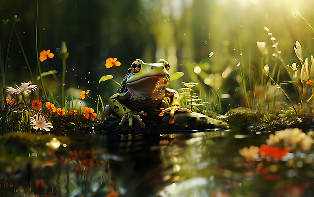 JPG 편집이미지 한마리 꽃 동물캐릭터 개구리 양서류 풍경 사람없음 햇빛 돌_바위 풀 개울 디지털합성 편집실사 AI컴퓨터그래픽 AI콘텐츠 식물 동물 캐릭터 1 강 태양 CG 파일형식