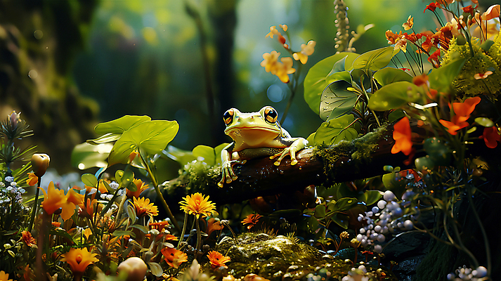 JPG 편집이미지 한마리 꽃 동물캐릭터 개구리 양서류 풍경 사람없음 나뭇가지 풀 디지털합성 편집실사 AI컴퓨터그래픽 AI콘텐츠 나무 식물 동물 캐릭터 1 CG 파일형식