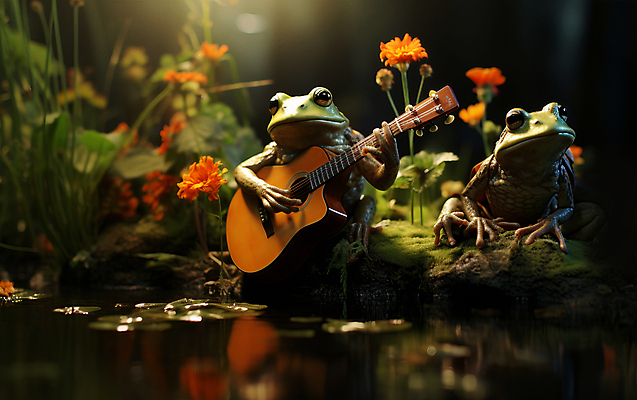 JPG 편집이미지 꽃 동물캐릭터 두마리 연주 개구리 양서류 풍경 사람없음 어둠 기타 풀 개울 디지털합성 편집실사 AI컴퓨터그래픽 AI콘텐츠 식물 동물 캐릭터 음악 2 현악기 강 CG 파일형식