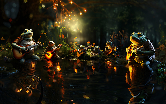 JPG 편집이미지 꽃 동물캐릭터 연주 여러마리 개구리 양서류 풍경 사람없음 빛 어둠 기타 풀 개울 디지털합성 편집실사 AI컴퓨터그래픽 AI콘텐츠 식물 동물 캐릭터 음악 다수 현악기 강 CG 파일형식