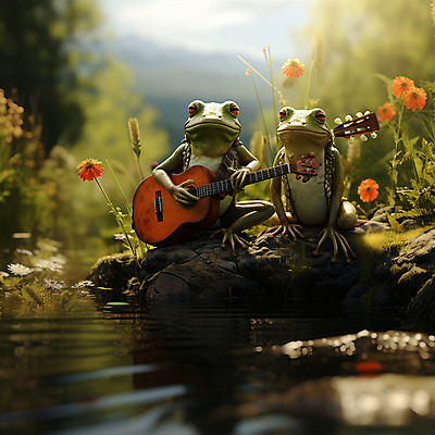 JPG 편집이미지 꽃 동물캐릭터 두마리 연주 개구리 양서류 풍경 사람없음 돌_바위 기타 풀 개울 디지털합성 편집실사 AI컴퓨터그래픽 AI콘텐츠 식물 동물 캐릭터 음악 2 현악기 강 CG 파일형식