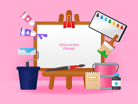 교육 분홍색 일러스트 프레임 미술 사람없음 다이어리 물감 붓 팔레트 양동이 물통 스케치북 오브젝트 이젤 도화지 페인트롤러 서류집게 카피스페이스 국내일러스트 AI파일 종이 컬러 문화예술 학용품 집게 사무용품 공백 미술도구 파일형식 벡터