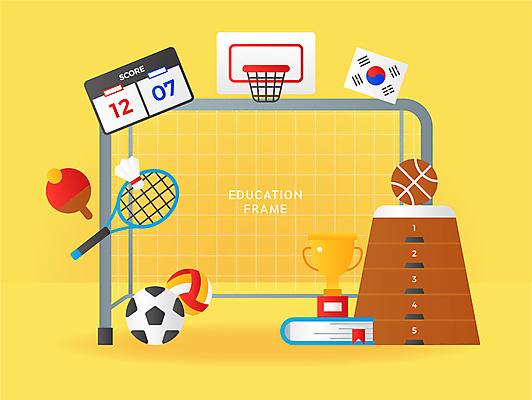 교육 일러스트 축구공 프레임 농구공 사람없음 책 노란색 탁구채 배드민턴라켓 태극기 셔틀콕 트로피 골대 체육 오브젝트 농구대 배구공 탁구공 뜀틀 점수판 카피스페이스 국내일러스트 AI파일 스포츠용품 컬러 공 축구용품 농구 공백 라켓 탁구용품 국기 배구 상_우승 파일형식 벡터