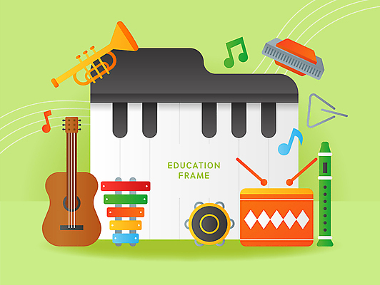 교육 음악 음표 일러스트 프레임 사람없음 연두색 기타 피아노건반 북 오브젝트 트라이앵글 트럼펫 탬버린 실로폰 리코더 하모니카 카피스페이스 국내일러스트 AI파일 기호 현악기 문화예술 타악기 관악기 초록색 공백 건반 피아노 목관악기 금관악기 파일형식 벡터