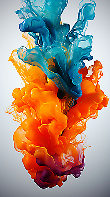 JPG 스튜디오촬영 편집이미지 잉크 사람없음 파란색 주황색 물감 액체 혼합 번짐 이미지편집 편집실사 AI컴퓨터그래픽 AI콘텐츠 컬러 실내 미술도구 CG 파일형식 효과