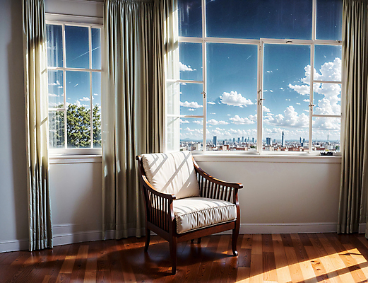 JPG 나무 구름 편집이미지 의자 창문 하늘 실내 풍경 사람없음 건물 인테리어 커튼 디지털합성 편집실사 AI포토 AI콘텐츠 자연요소 식물 건축물 디자인 가구 내부 CG 파일형식