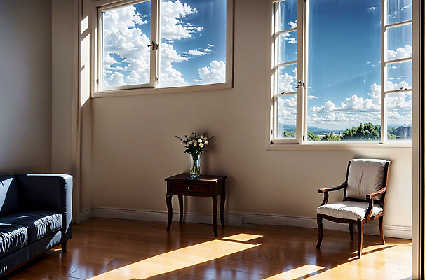 JPG 구름 편집이미지 의자 창문 하늘 실내 풍경 사람없음 인테리어 꽃병 디지털합성 서랍장 편집실사 AI포토 AI콘텐츠 자연요소 디자인 꽃 가구 내부 CG 파일형식