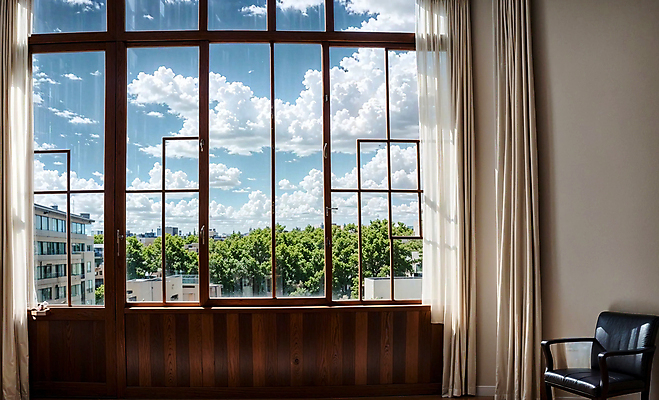 JPG 나무 구름 편집이미지 의자 창문 하늘 실내 풍경 사람없음 건물 인테리어 커튼 디지털합성 편집실사 AI포토 AI콘텐츠 자연요소 식물 건축물 디자인 가구 내부 CG 파일형식