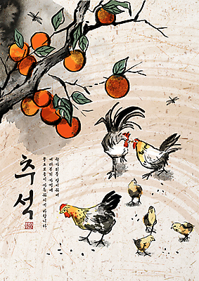 PSD 한국전통 여러마리 일러스트 캘리그라피 붓터치 병아리 사람없음 추석 닭 잠자리 모이 먹기 감나무 번짐 한지배경 풍요 국내일러스트 나무 전통 명절 다수 곤충 백그라운드 컨셉 모션 조류 한국 감 먹이 파일형식 효과
