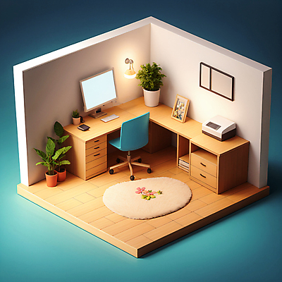 JPG 편집이미지 꽃 화분 액자 의자 전등 사람없음 컴퓨터 3D 모니터 카펫 방 지갑 인쇄기 책상 디지털합성 아이소메트릭 편집3D AI컴퓨터그래픽 AI콘텐츠 식물 가구 조명 전자제품 파일형식