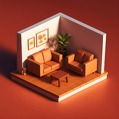 JPG 편집이미지 꽃 화분 액자 거실 탁자 사람없음 소파 3D 꽃병 주황색 방 디지털합성 아이소메트릭 편집3D AI컴퓨터그래픽 AI콘텐츠 식물 컬러 가구 의자 파일형식