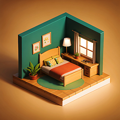 JPG 편집이미지 화분 액자 창문 베개 사람없음 초록색 3D 카펫 방 침대 스탠드 커튼 책상 디지털합성 아이소메트릭 수면등 편집3D AI컴퓨터그래픽 AI콘텐츠 컬러 가구 침구 조명 파일형식