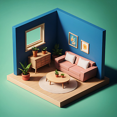 JPG 편집이미지 화분 액자 쿠션 거실 창문 탁자 사람없음 파란색 소파 3D 카펫 방 디지털합성 서랍장 아이소메트릭 편집3D AI컴퓨터그래픽 AI콘텐츠 컬러 가구 의자 파일형식