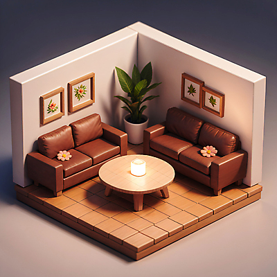 JPG 편집이미지 꽃 화분 액자 쿠션 거실 탁자 사람없음 소파 갈색 3D 방 디지털합성 아이소메트릭 무드등 편집3D AI컴퓨터그래픽 AI콘텐츠 식물 컬러 가구 의자 조명 파일형식