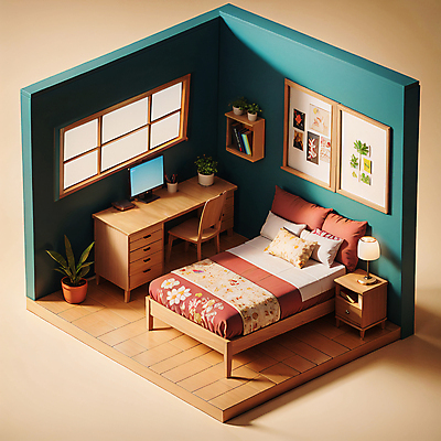 JPG 편집이미지 화분 액자 의자 창문 베개 사람없음 컴퓨터 갈색 3D 모니터 방 침대 스탠드 책상 디지털합성 청록색 협탁 아이소메트릭 수면등 편집3D AI컴퓨터그래픽 AI콘텐츠 컬러 가구 침구 조명 전자제품 파일형식