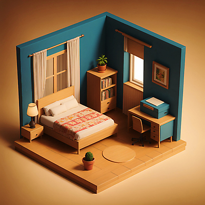 JPG 편집이미지 화분 액자 의자 창문 베개 책장 사람없음 책 상자 갈색 3D 카펫 방 침대 스탠드 커튼 책상 디지털합성 청록색 아이소메트릭 편집3D AI컴퓨터그래픽 AI콘텐츠 컬러 가구 침구 조명 파일형식