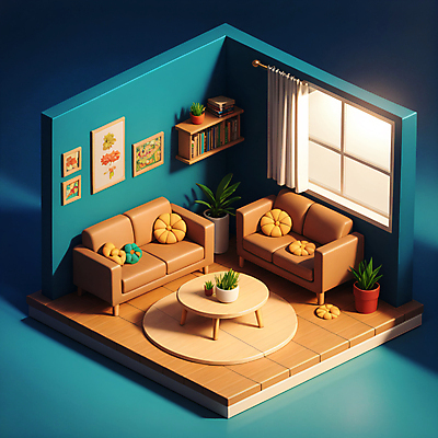 JPG 편집이미지 화분 액자 쿠션 거실 창문 탁자 책장 사람없음 책 소파 갈색 3D 카펫 방 커튼 디지털합성 청록색 아이소메트릭 편집3D AI컴퓨터그래픽 AI콘텐츠 컬러 가구 의자 파일형식